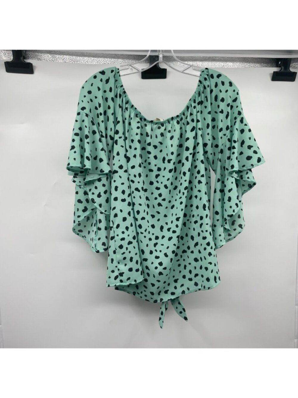 Vine & Love Womens Ruffle Sleeve Blouse Tie Hem Green/Black Size Large - Picture 7 of 9